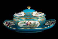 P060 - SEVRES (LATER-DECORATED) BLEU CELESTE GROUND SUGAR-BOWL, COVER AND FIXED STAND 